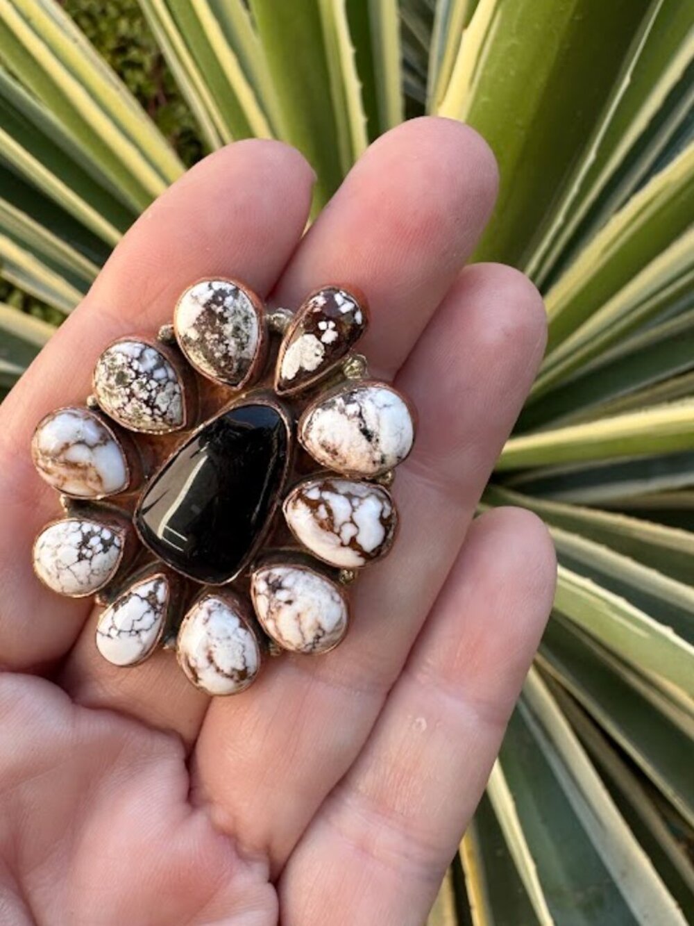 Wild Horse & Black Onyx Copper Statement Ring | Adjustable 2" Cluster